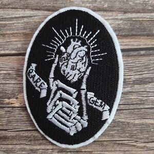 Skeleton Holding Heart "Rare Gem" Tattoo Banner Gothic Romance Iron On Patch